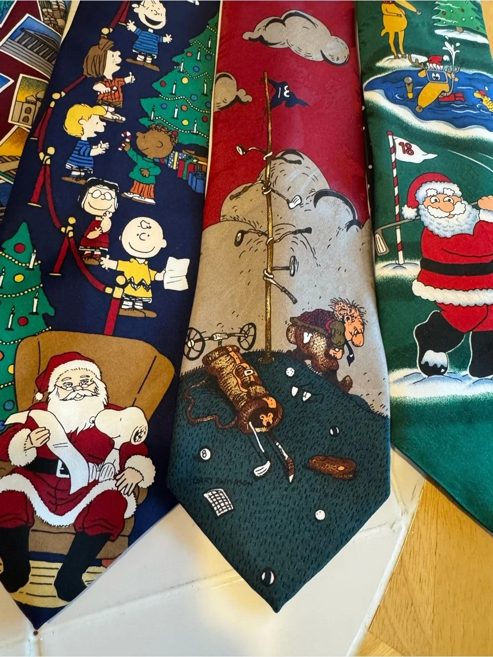 Vintage Novelty Necktie Lot of 5 Peanuts Christmas Golf Elephant Travel Ties